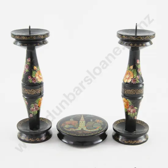 Pair Russian Black Lacquered & Painted Candlesticks