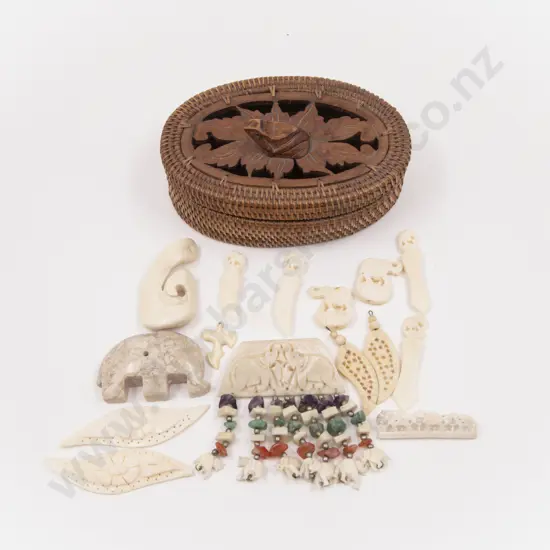 Finely Woven Rattan Trinket Box Containing Carved Bone Pieces