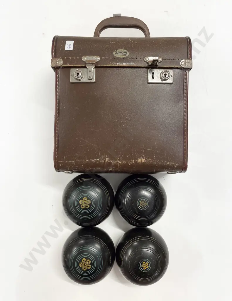 Four Vintage Lawn Bowls in Carry Case Image 1++