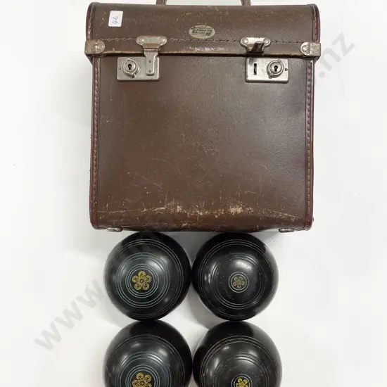 Four Vintage Lawn Bowls in Carry Case