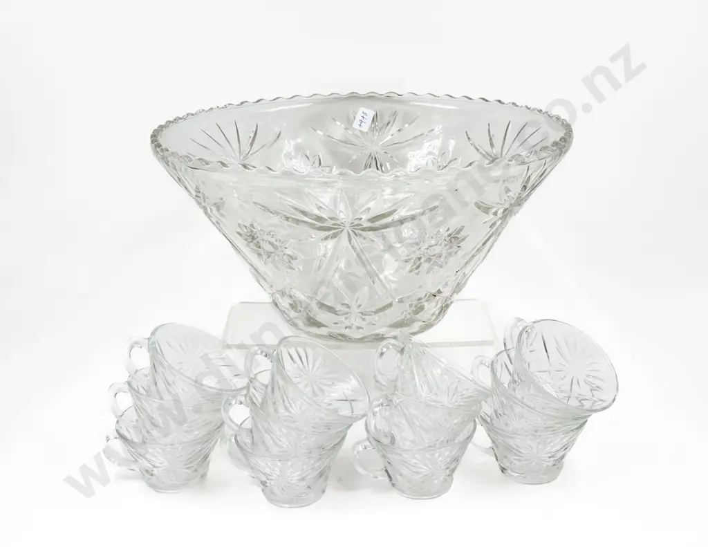 Large Pressed Glass Punch Bowl & Assorted Glasses Image 1++