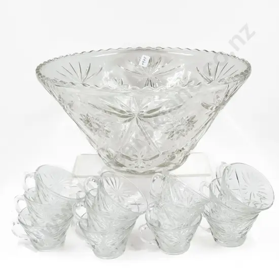 Large Pressed Glass Punch Bowl & Assorted Glasses