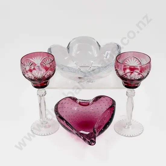 Pair of Anna Hutte Crystal Goblets with Art Glass Dish & Other