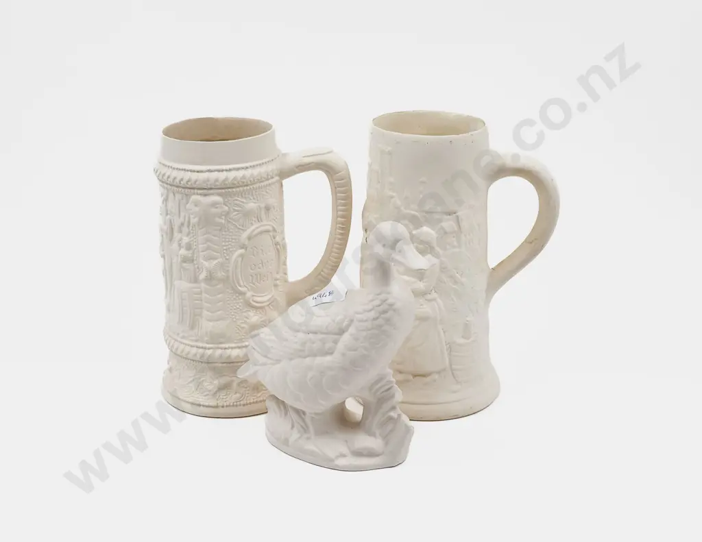Two Unfired German Steins together with Similar Duck Ornament Image 1++