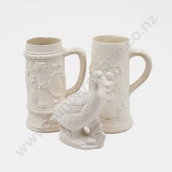 Two Unfired German Steins together with Similar Duck Ornament