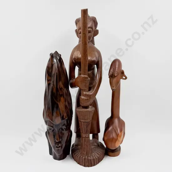 Two Wooden Busts together with Figure