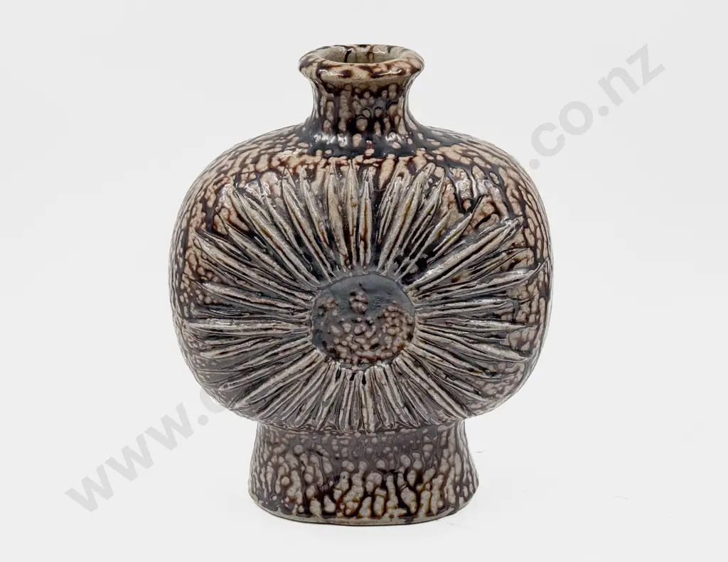 NZ Pottery Salt Glazed Vase with Sunflower Decoration Image 1++