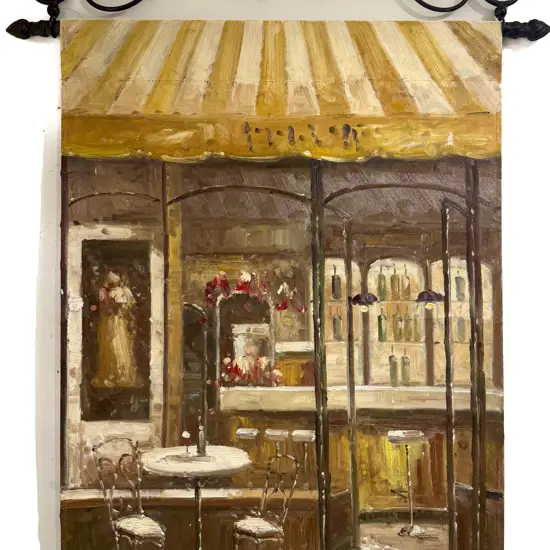 Unsigned Cafe Scene - Oil on Canvas Wrought Metal Wall Hanging