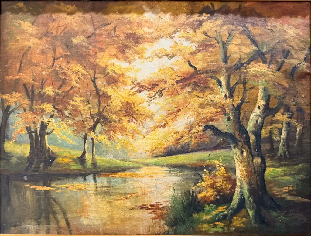 Indistinctly Signed - Dutch Autumnal Forest Scene - Oil on Canvas Image 1++
