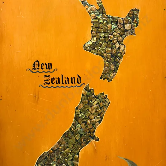 New Zealand Tourist Ware Inlaid Paua Map on Board