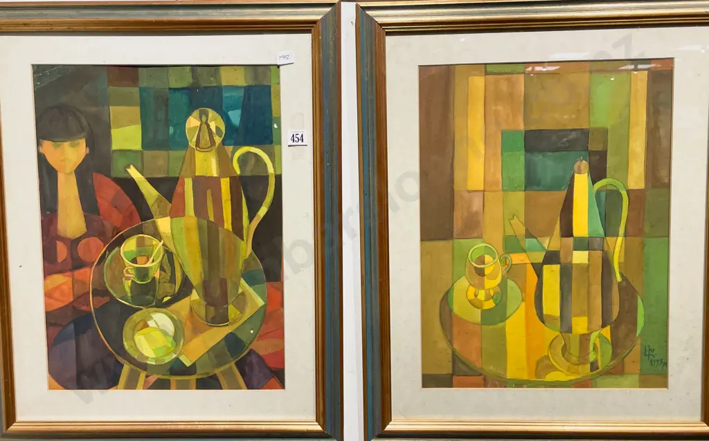 Indistinctly Signed Pair of Mid Century Still Lifes - Watercolour Image 1++