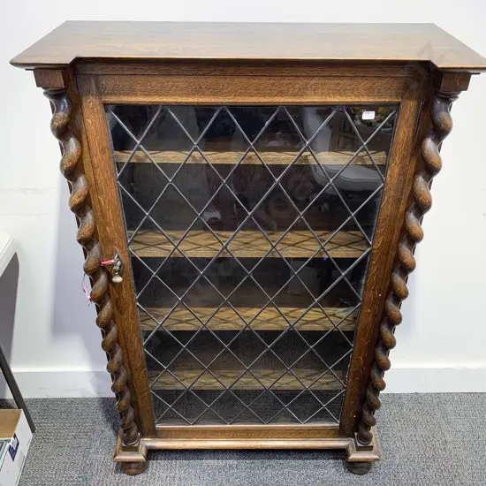 Edwardian Oak Inverted Breakfront China Cabinet with Leadlight Glazed Door