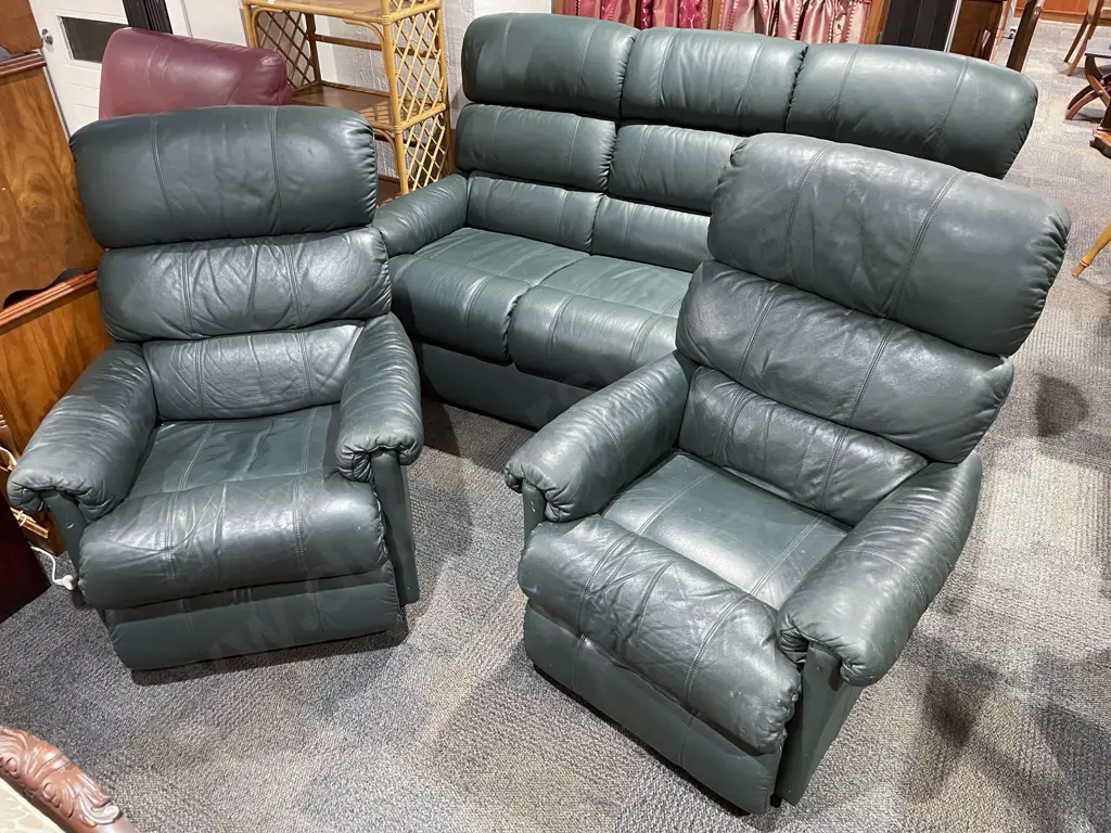 Three Piece Green Leather Lazyboy Lounge Suite Image 1++