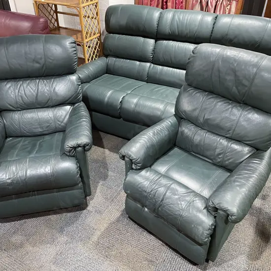 Three Piece Green Leather Lazyboy Lounge Suite