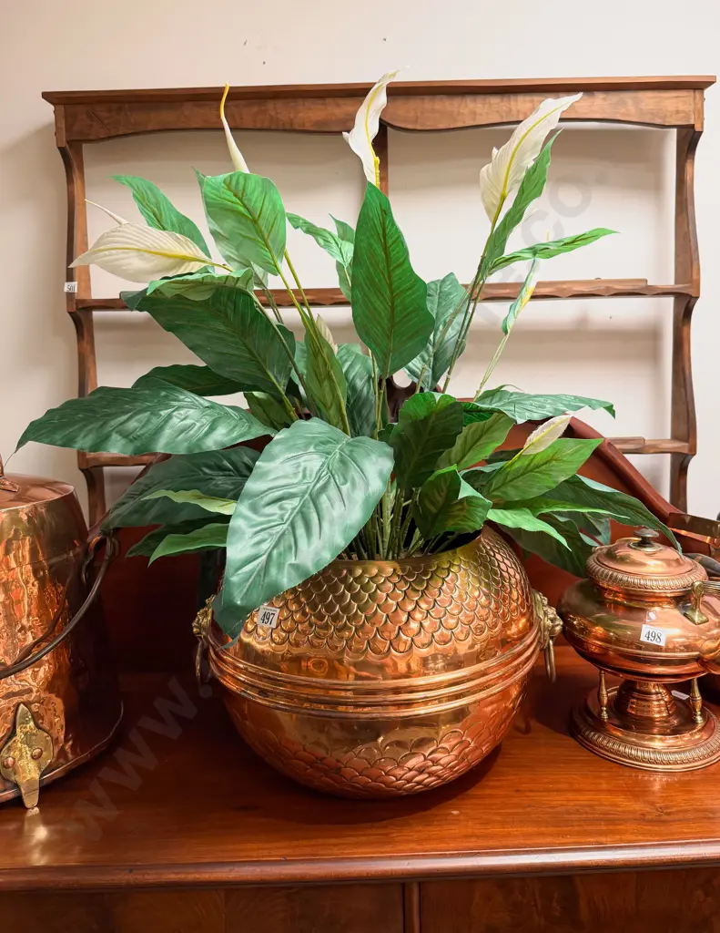 Large Copper Jardiniere With Lion Mask & Ring Handles Image 1++