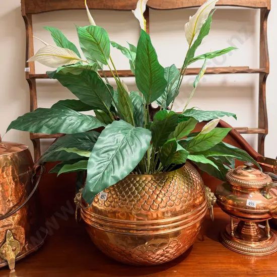 Large Copper Jardiniere With Lion Mask & Ring Handles