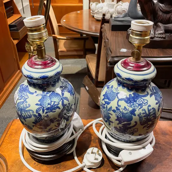 A Pair of Blue & White Vase Form Table Lamps