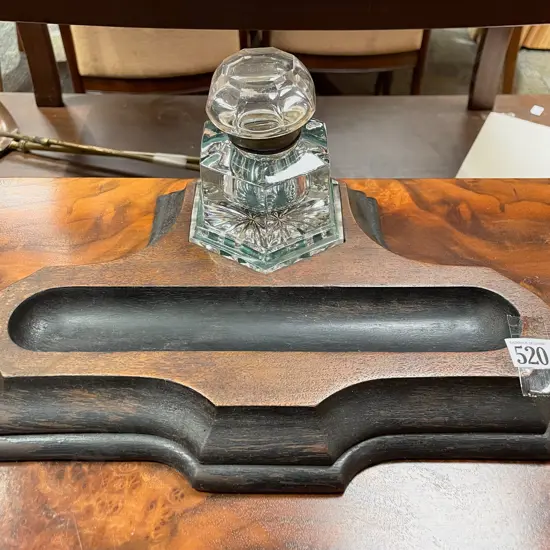 Antique Mahogany Deskstand with Heavy Glass Inkwell