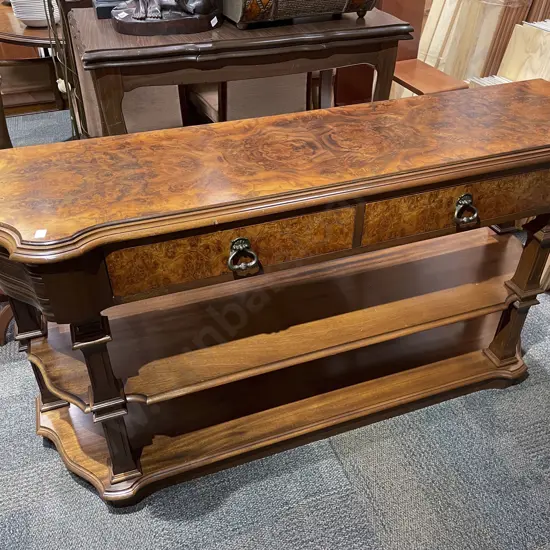 Reproduction Burr Walnut Two Drawer Hall Table