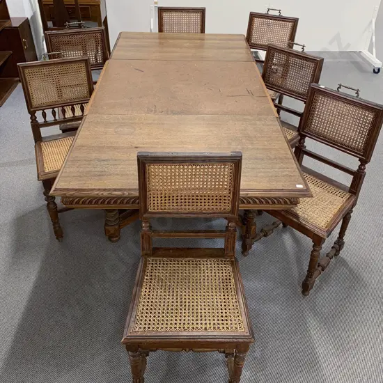 Late C19th Belgian Oak Extension Dining Table together with Seven Matching Chairs