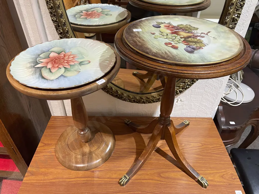 Two Assorted Occasional Tables with Cabinet Plates Inset to Top Image 1++