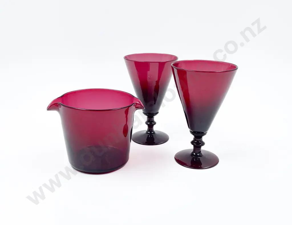 Victorian Pair Ruby Glass Trumpet Goblets and Rinser Image 1++