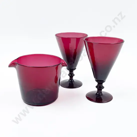Victorian Pair Ruby Glass Trumpet Goblets and Rinser