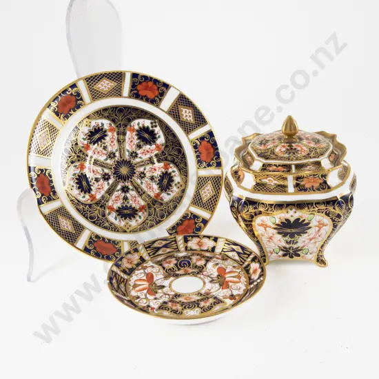 Royal Crown Derby Lidded Box & Two Saucers