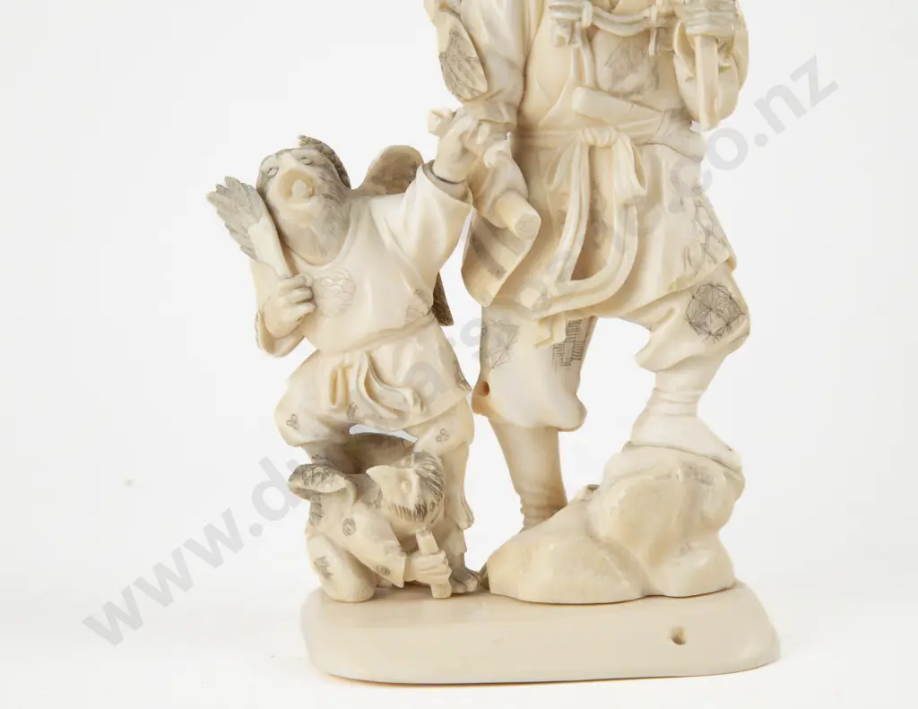 Signed Meiji period (1868–1912) Japanese Ivory Carving of Hunter with Guardian Eagle Attendants Image 1++