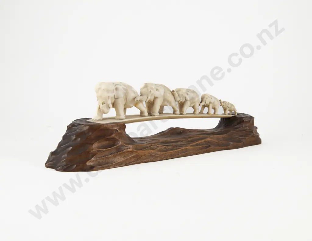 Carved Ivory Five Elephant Bridge on Adzed Fruitwood Stand Image 1++