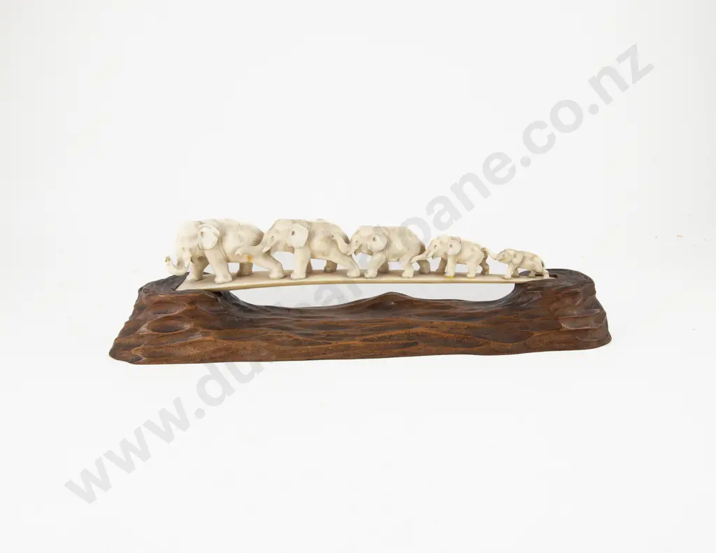 Carved Ivory Five Elephant Bridge on Adzed Fruitwood Stand Image 1++