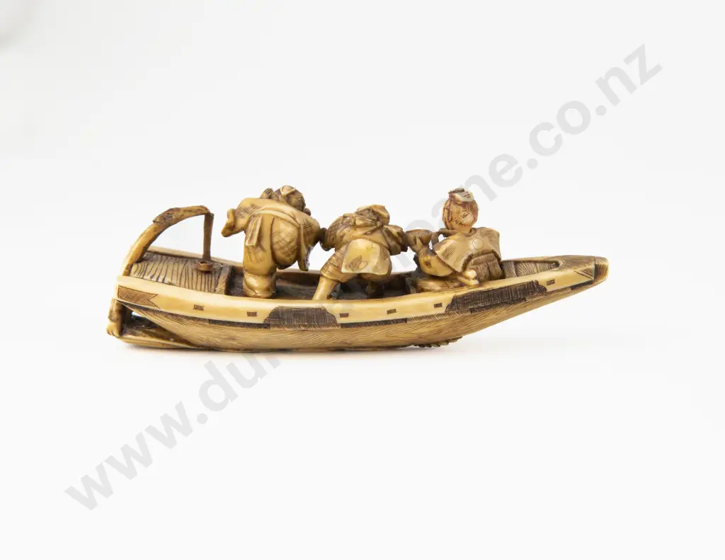 Carved Ivory Netsuke of Thee Immortals in a Boat Image 1++
