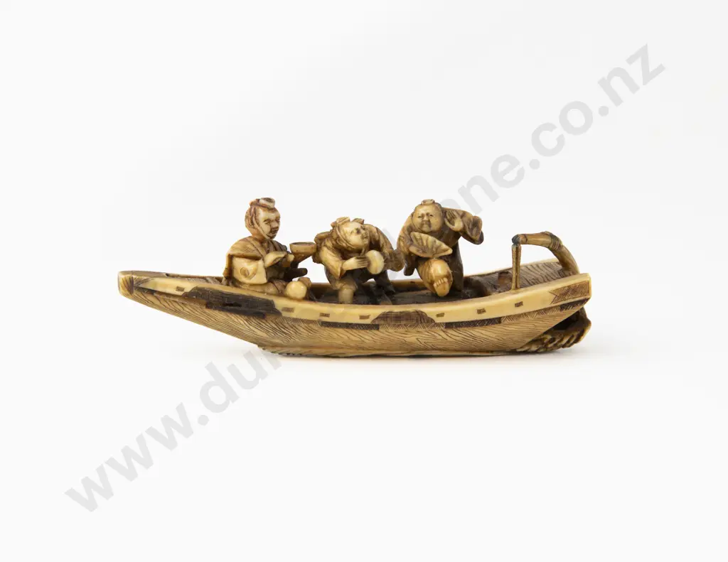 Carved Ivory Netsuke of Thee Immortals in a Boat Image 1++