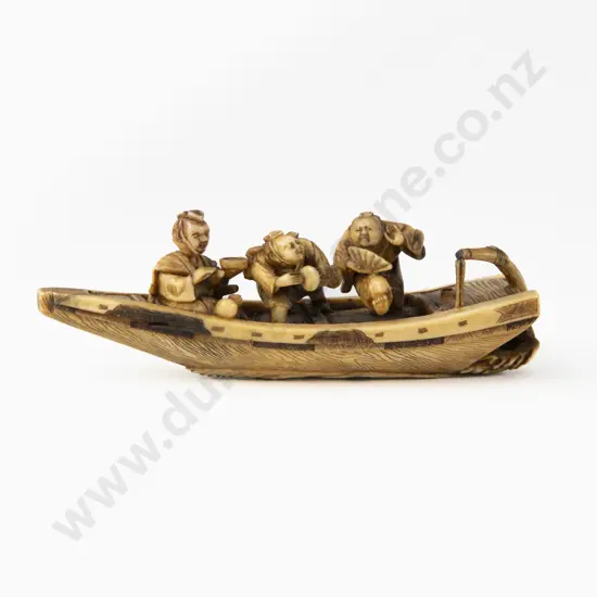Carved Ivory Netsuke of Thee Immortals in a Boat