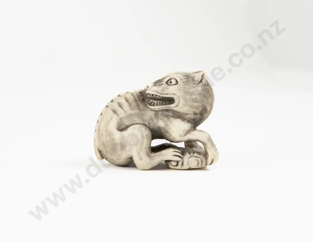 Signed Carved Ivory Netsuke of Demon Dog Image 1++