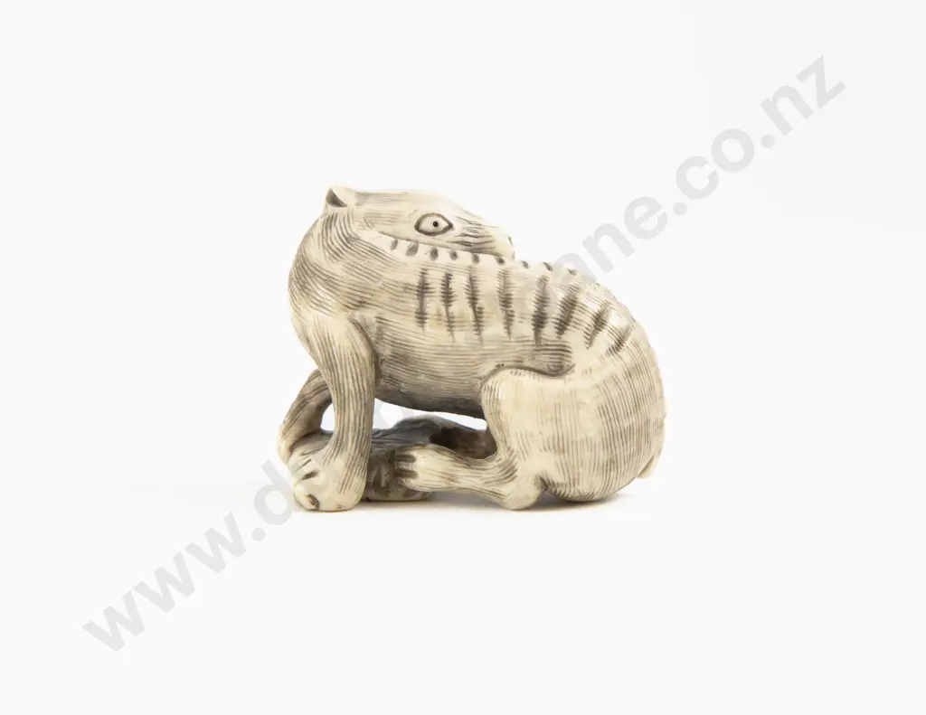 Signed Carved Ivory Netsuke of Demon Dog Image 1++