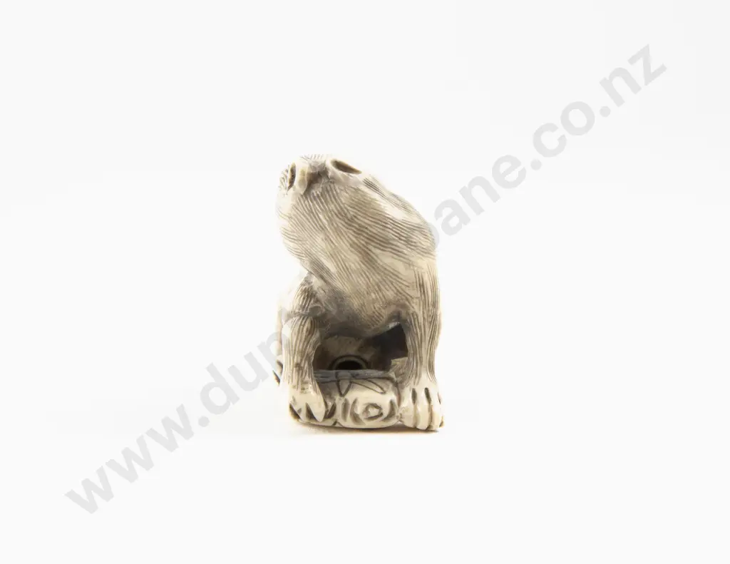 Signed Carved Ivory Netsuke of Demon Dog Image 1++