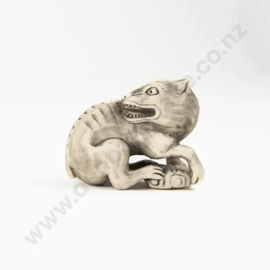 Signed Carved Ivory Netsuke of Demon Dog