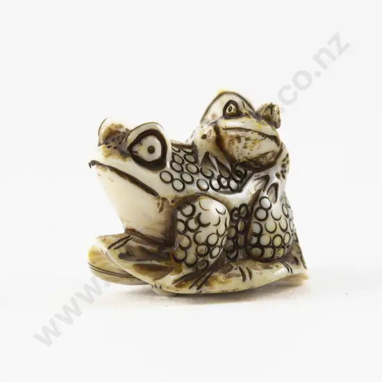 Signed Carved Ivory Netsuke of a Group of Toads