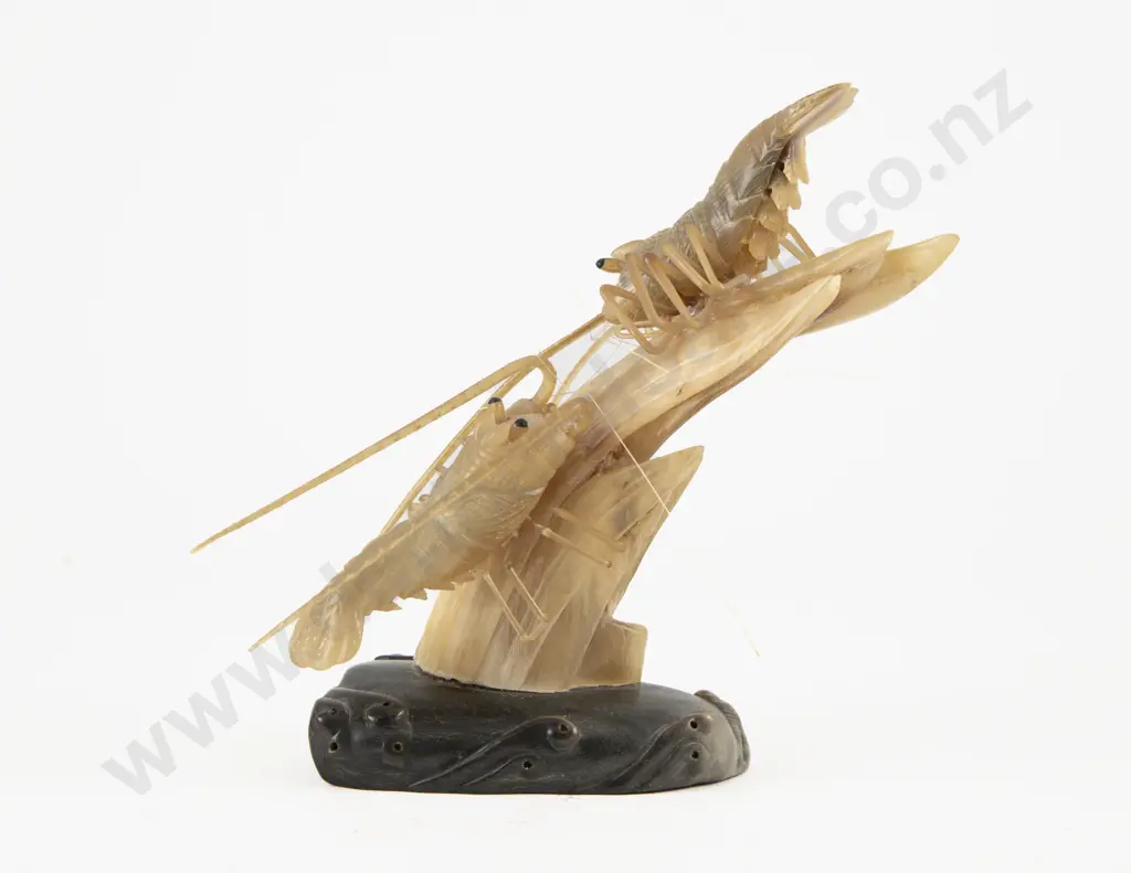 Chinese Carved Horn Group of Two Scrimp Image 1++