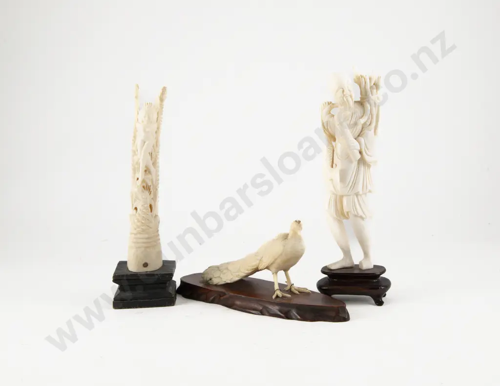 Carved Ivory Figure of a Fisherman with Peacock and Thai Carved Bone Totem Figure Image 1++