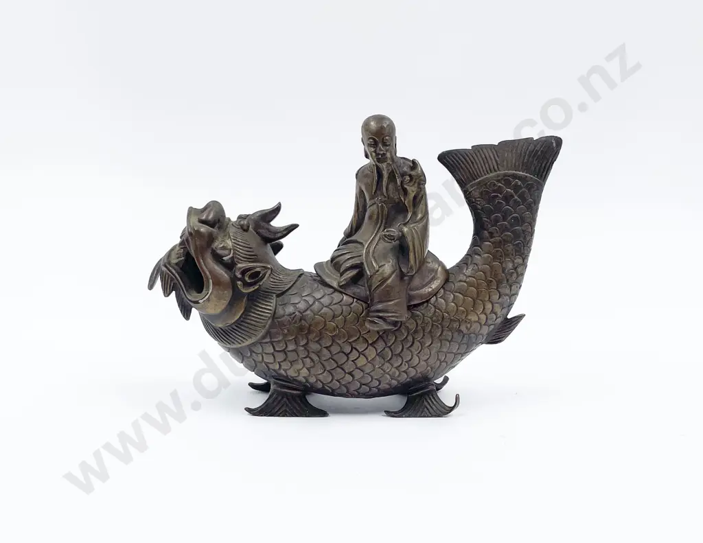 Early C20th Chinese Bronze Immortal Riding Mythical Demon Dragon Image 1++