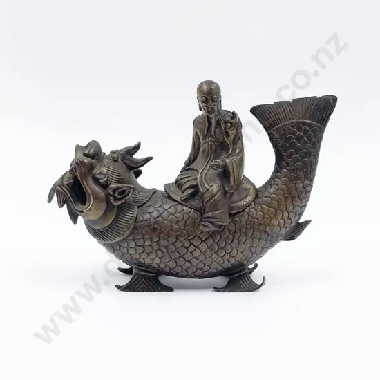 Early C20th Chinese Bronze Immortal Riding Mythical Demon Dragon