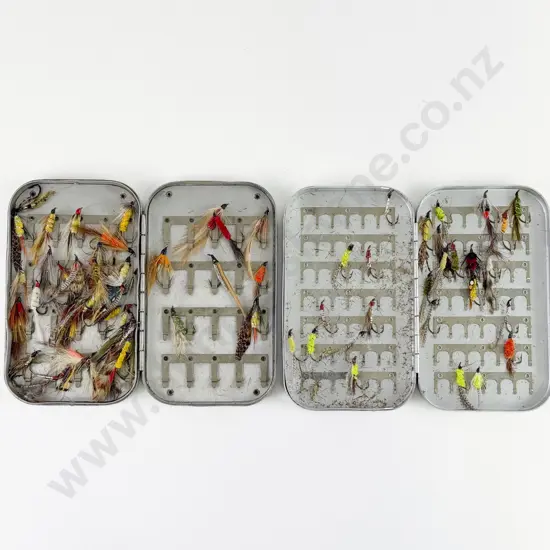 Two Vintage Wheatley Silmalloy Fly Tins & Flies