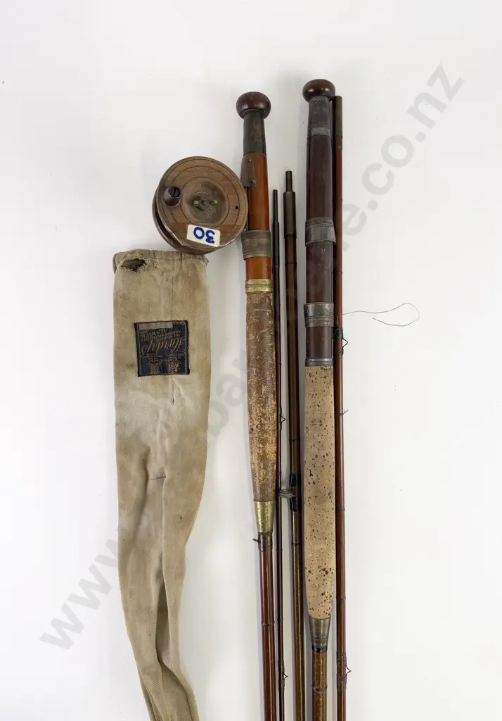 Two Vintage Greenheart Fly Rods, 1 With A Brass Star Back Nottingham Reel Image 1++