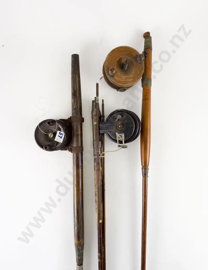 Three Various Vintage Greenheart Rods each with a Nottingham Reel Image 1++