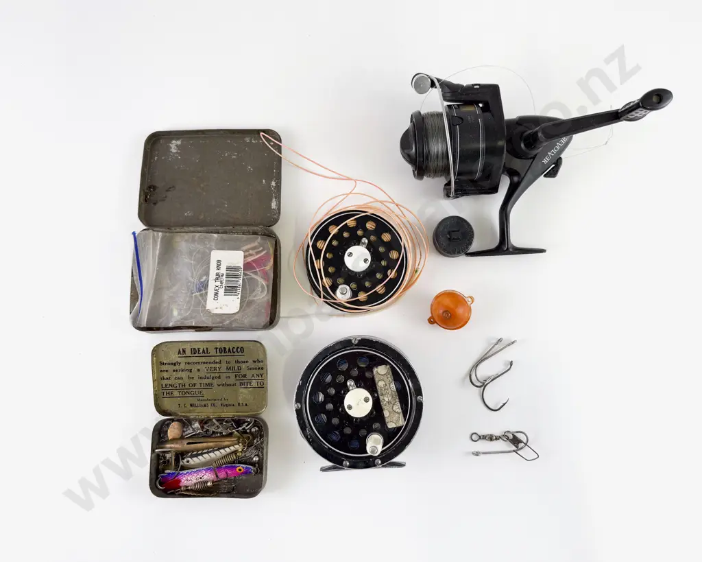 Small Box With Spinning Reel, Fly Reel & Spare Spool, Lures, Casts, Etc Image 1++