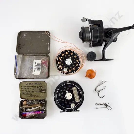 Small Box With Spinning Reel, Fly Reel & Spare Spool, Lures, Casts, Etc