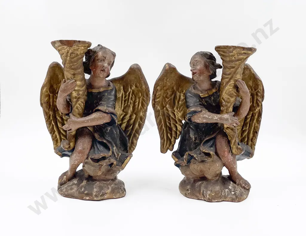 Pair Early C19th European Carved & Painted Wood Angel Candle Sconces Image 1++
