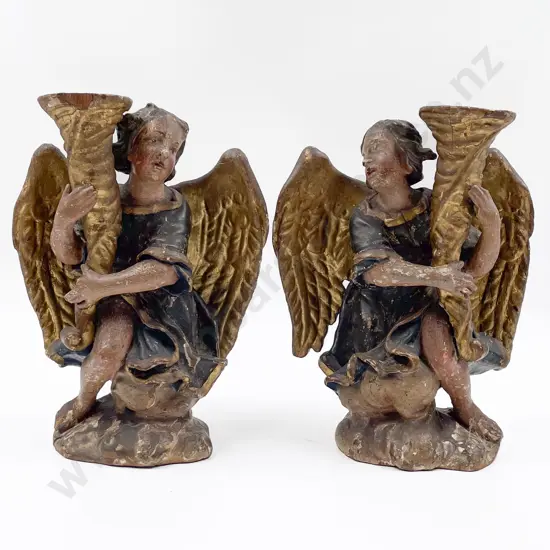 Pair Early C19th European Carved & Painted Wood Angel Candle Sconces